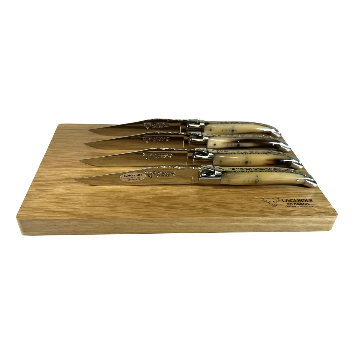 Laguiole en Aubrac Luxury Handcrafted Stainless Steel & Brass Double Plate 4-Piece Steak Knife Set with Solid Horn Handles
