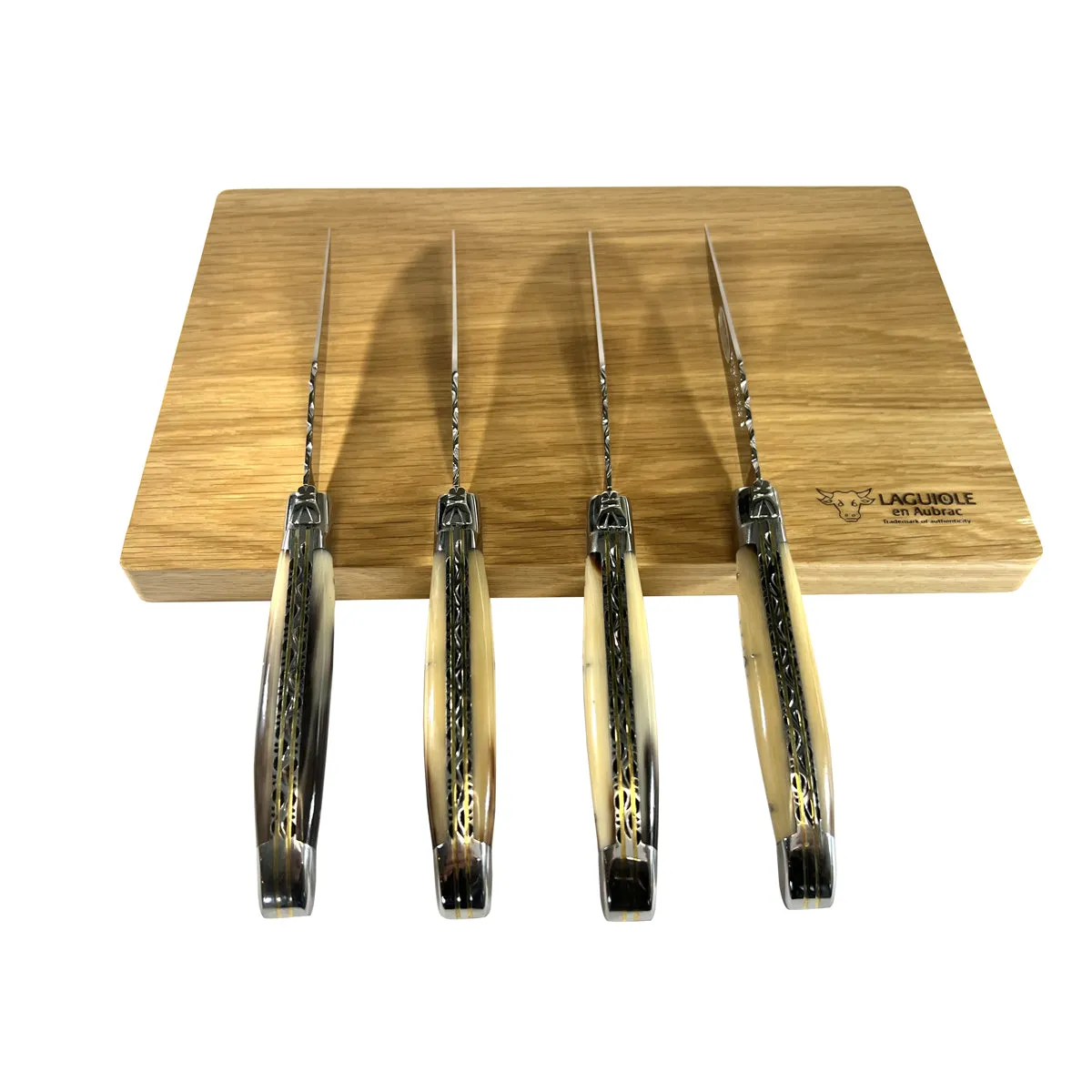 Laguiole en Aubrac Luxury Handcrafted Stainless Steel & Brass Double Plate 4-Piece Steak Knife Set with Solid Horn Handles