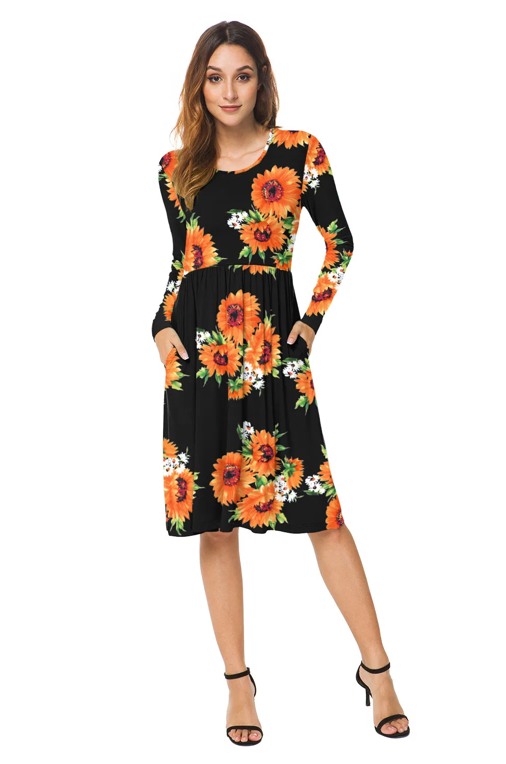 Long Sleeve Empire Waist Flower Dress with Pockets