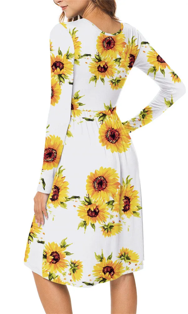 Long Sleeve Empire Waist Flower Dress with Pockets
