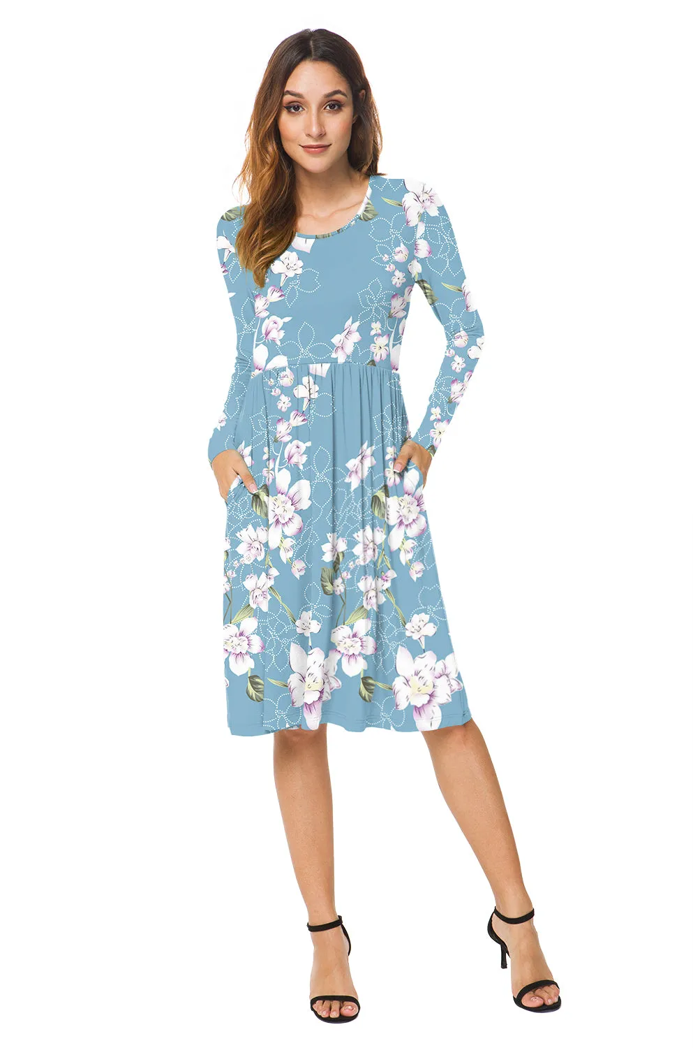 Long Sleeve Empire Waist Flower Dress with Pockets
