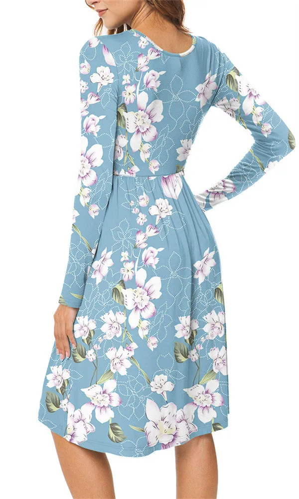 Long Sleeve Empire Waist Flower Dress with Pockets
