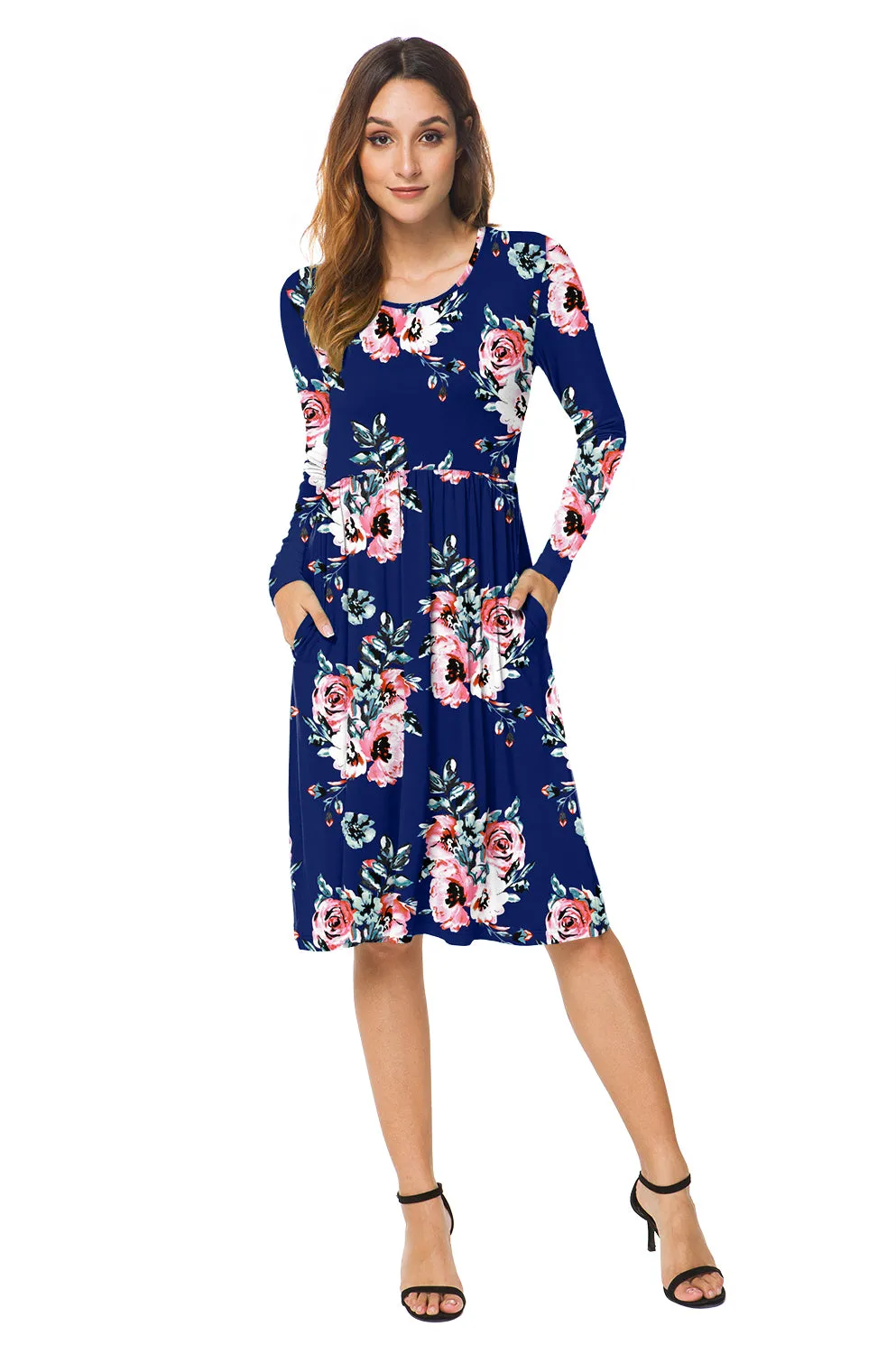 Long Sleeve Empire Waist Flower Dress with Pockets