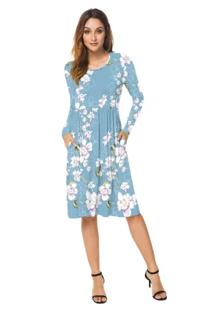 Long Sleeve Empire Waist Flower Dress with Pockets