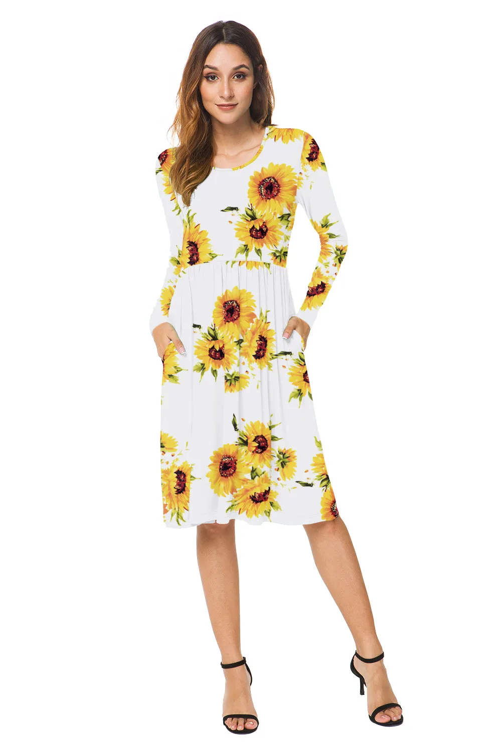 Long Sleeve Empire Waist Flower Dress with Pockets