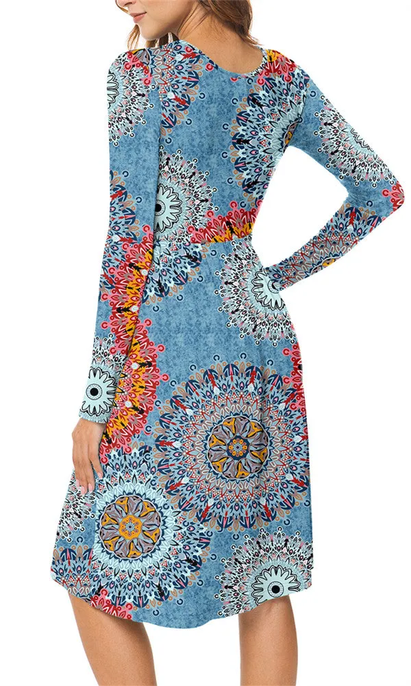 Long Sleeve Empire Waist Flower Dress with Pockets