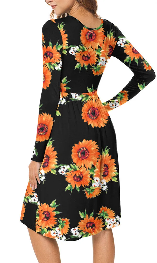 Long Sleeve Empire Waist Flower Dress with Pockets