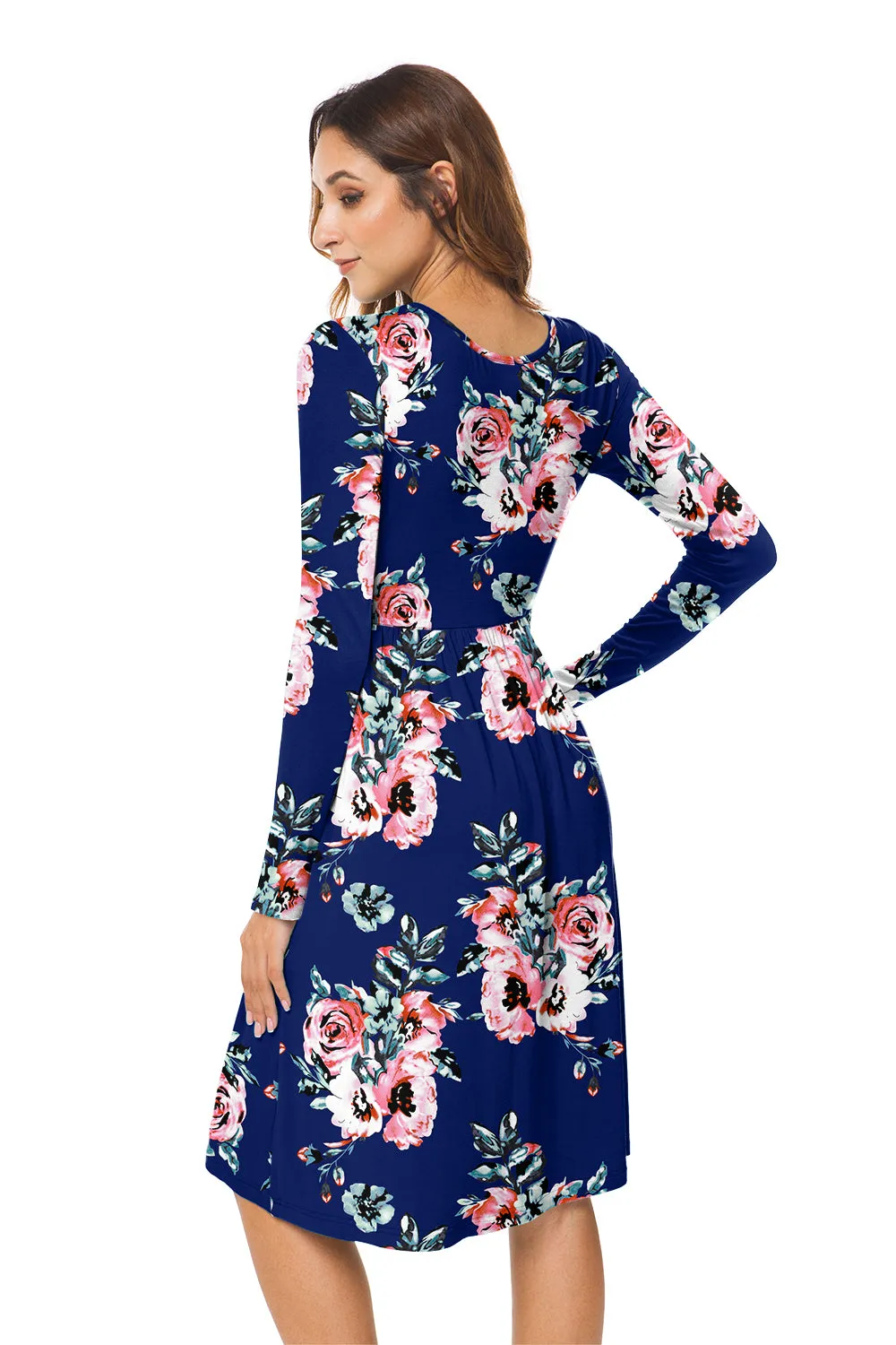 Long Sleeve Empire Waist Flower Dress with Pockets