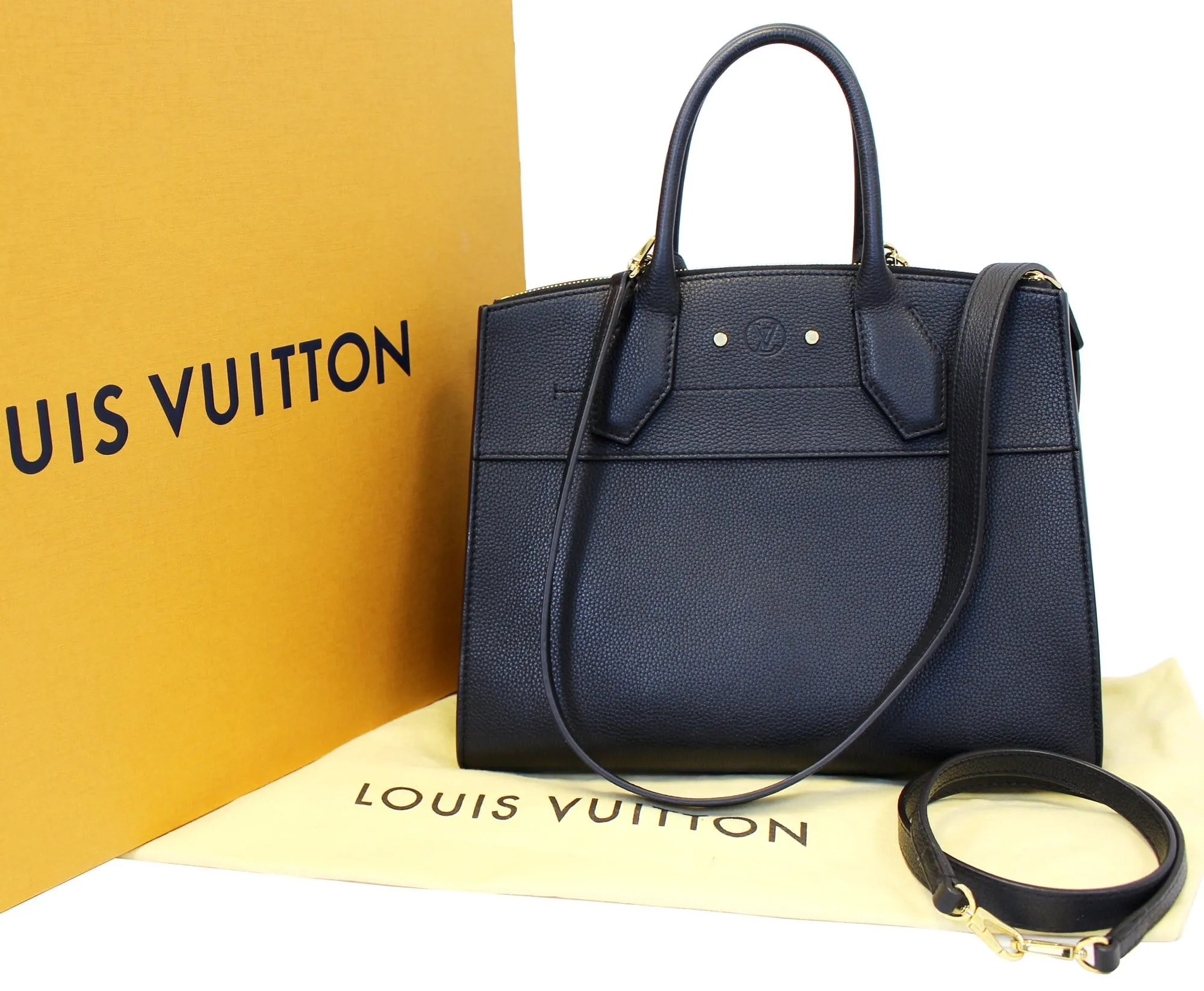 LOUIS VUITTON Noir Black Leather City Steamer MM Shoulder Bag