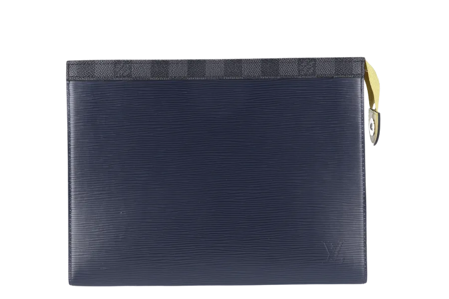 LOUIS VUITTON VOYAGE CLUTCH BLUE EPI DAMIER GRAPHITE WITH DUST COVER