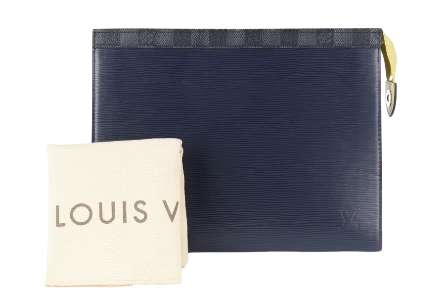 LOUIS VUITTON VOYAGE CLUTCH BLUE EPI DAMIER GRAPHITE WITH DUST COVER
