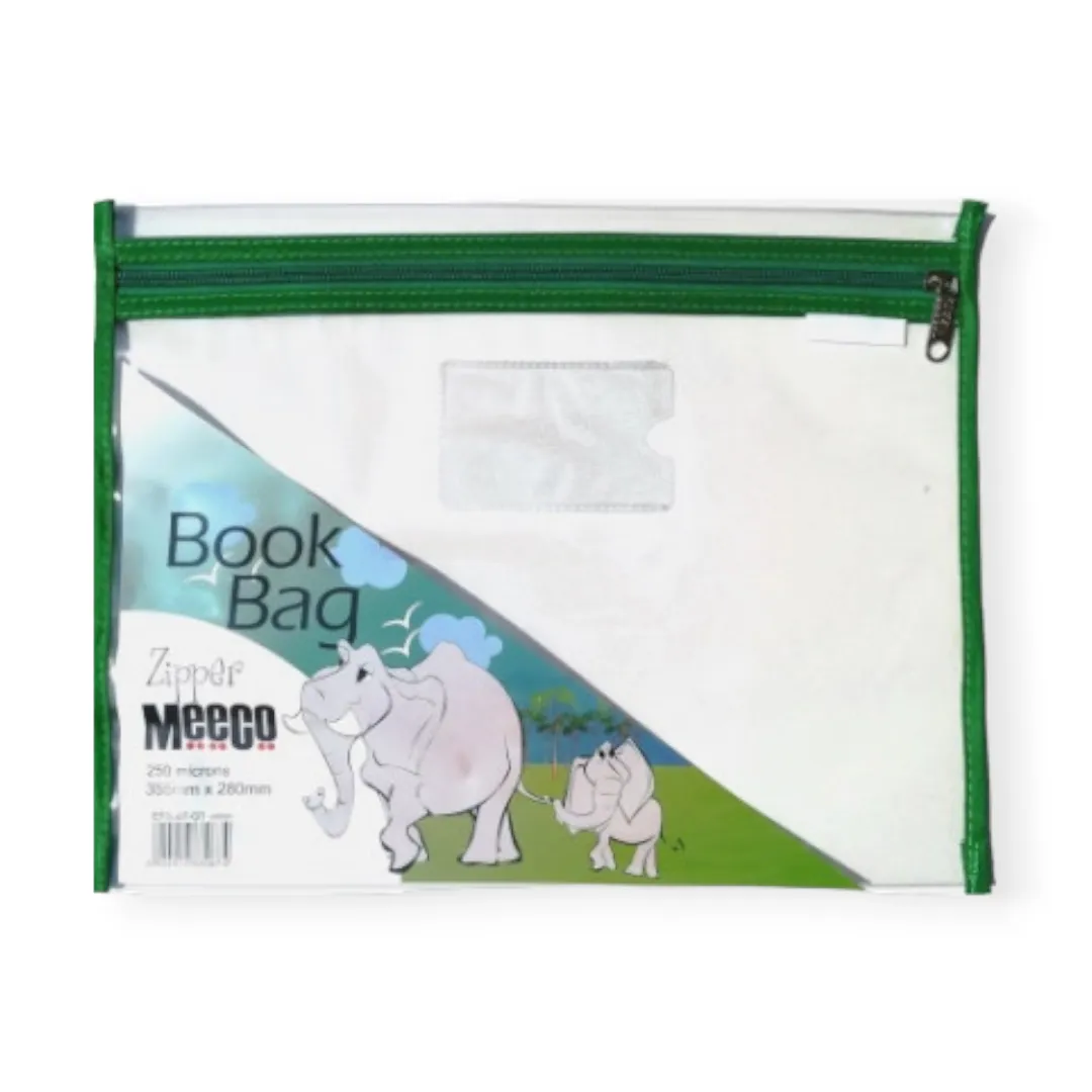 Meeco A4 Book Bag Clear Pvc With Zip Green