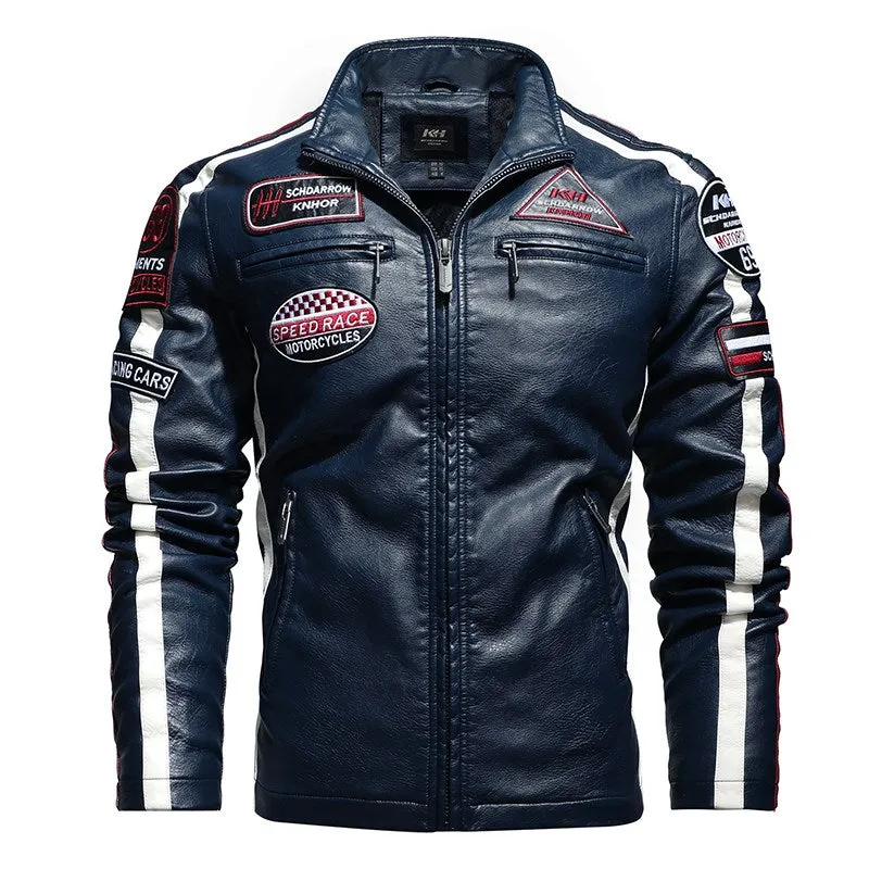 Men's leather embroidered slim-fit biker jacket