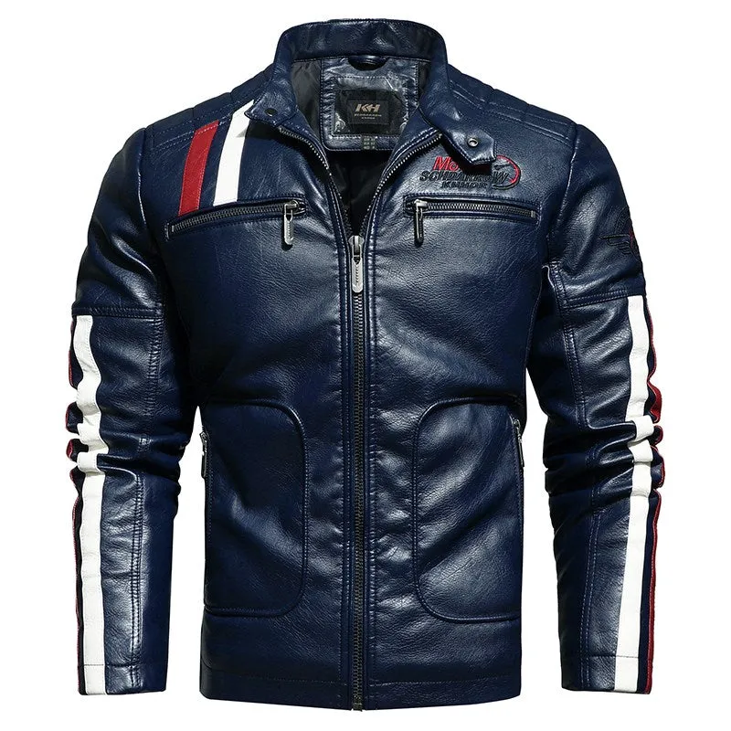Men's leather embroidered slim-fit biker jacket