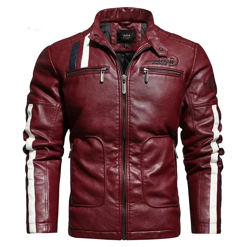 Men's leather embroidered slim-fit biker jacket