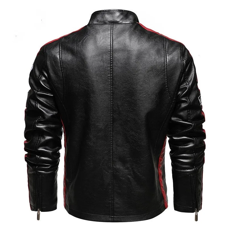 Men's leather embroidered slim-fit biker jacket