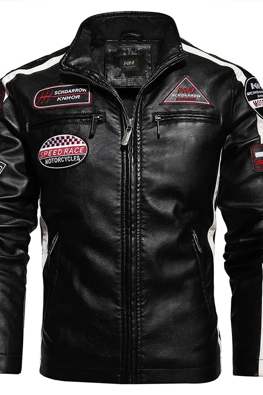 Men's leather embroidered slim-fit biker jacket