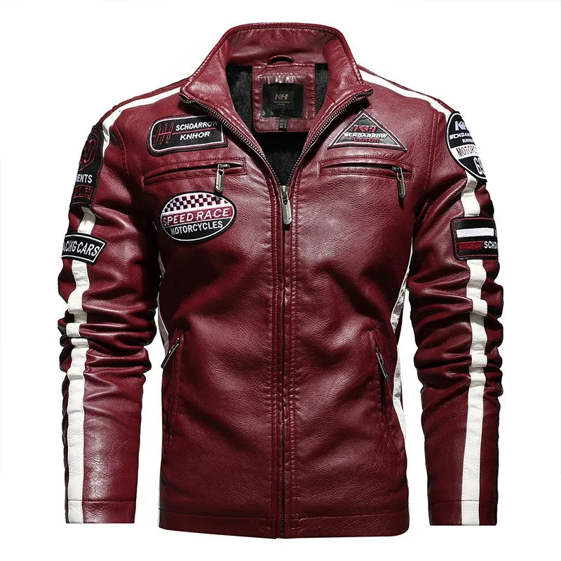 Men's leather embroidered slim-fit biker jacket