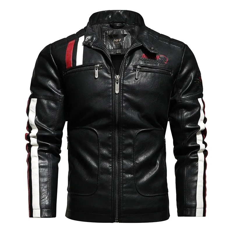 Men's leather embroidered slim-fit biker jacket