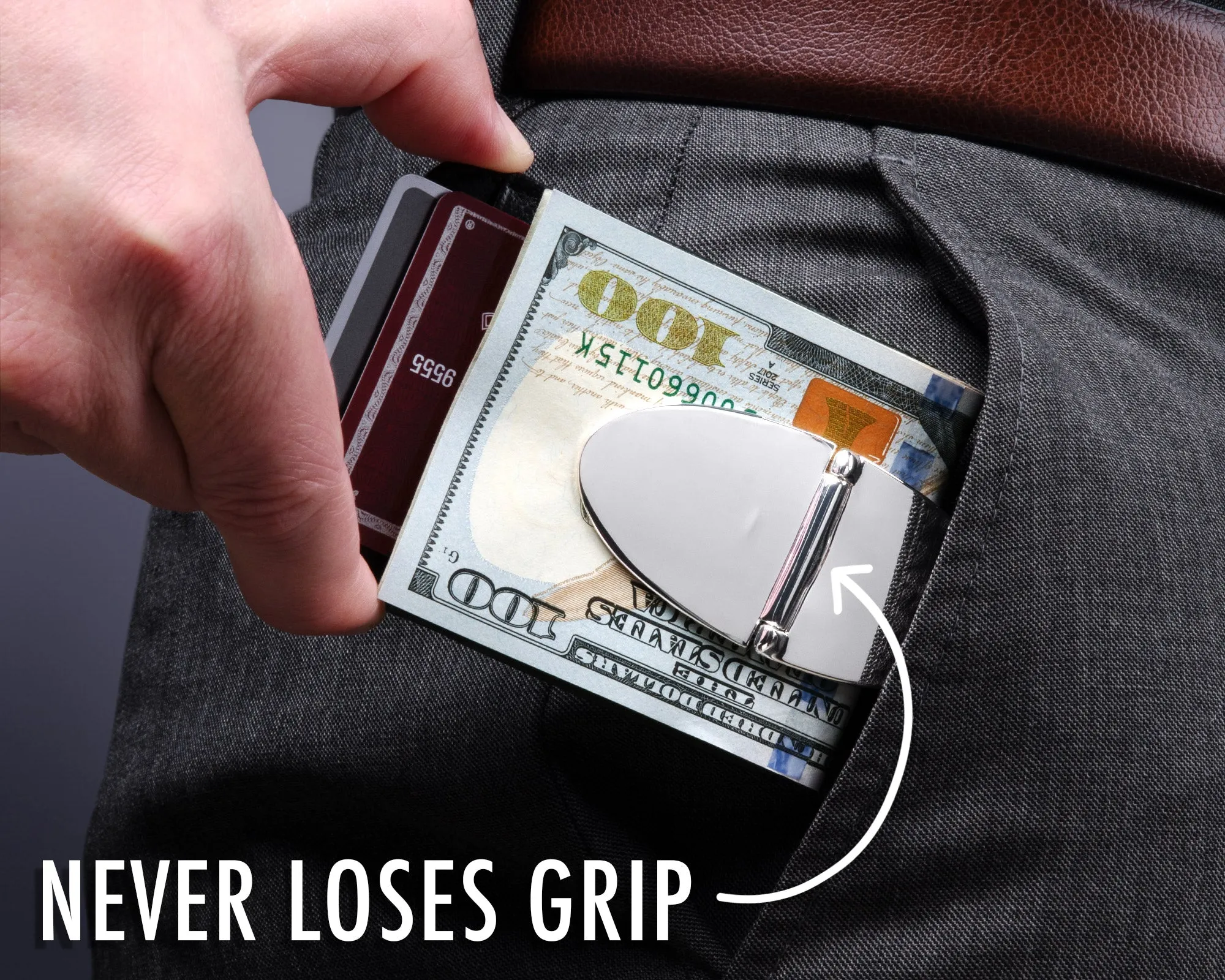 Milan Silver MoneyClamp® with Black Leather Wallet