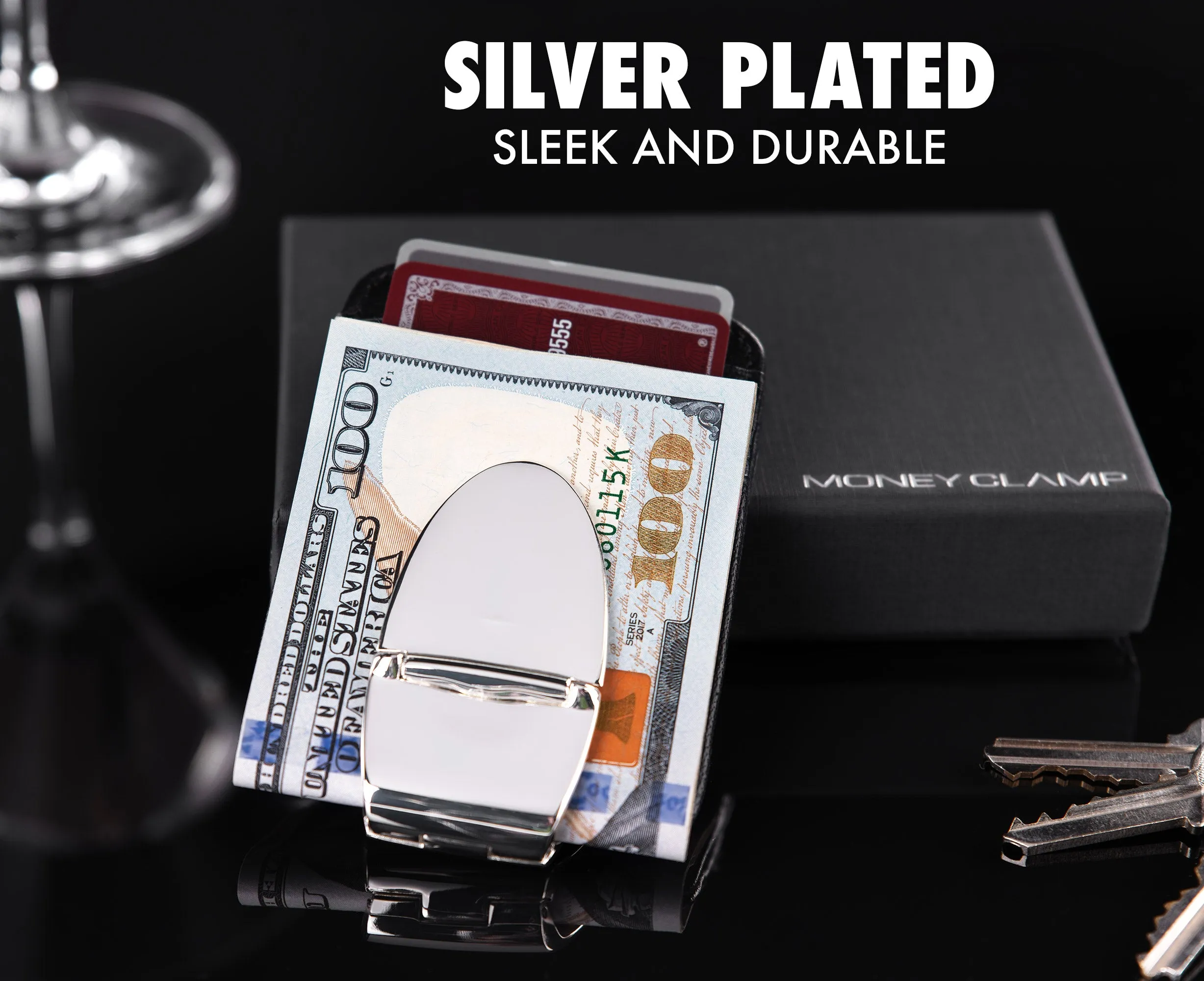 Milan Silver MoneyClamp® with Black Leather Wallet