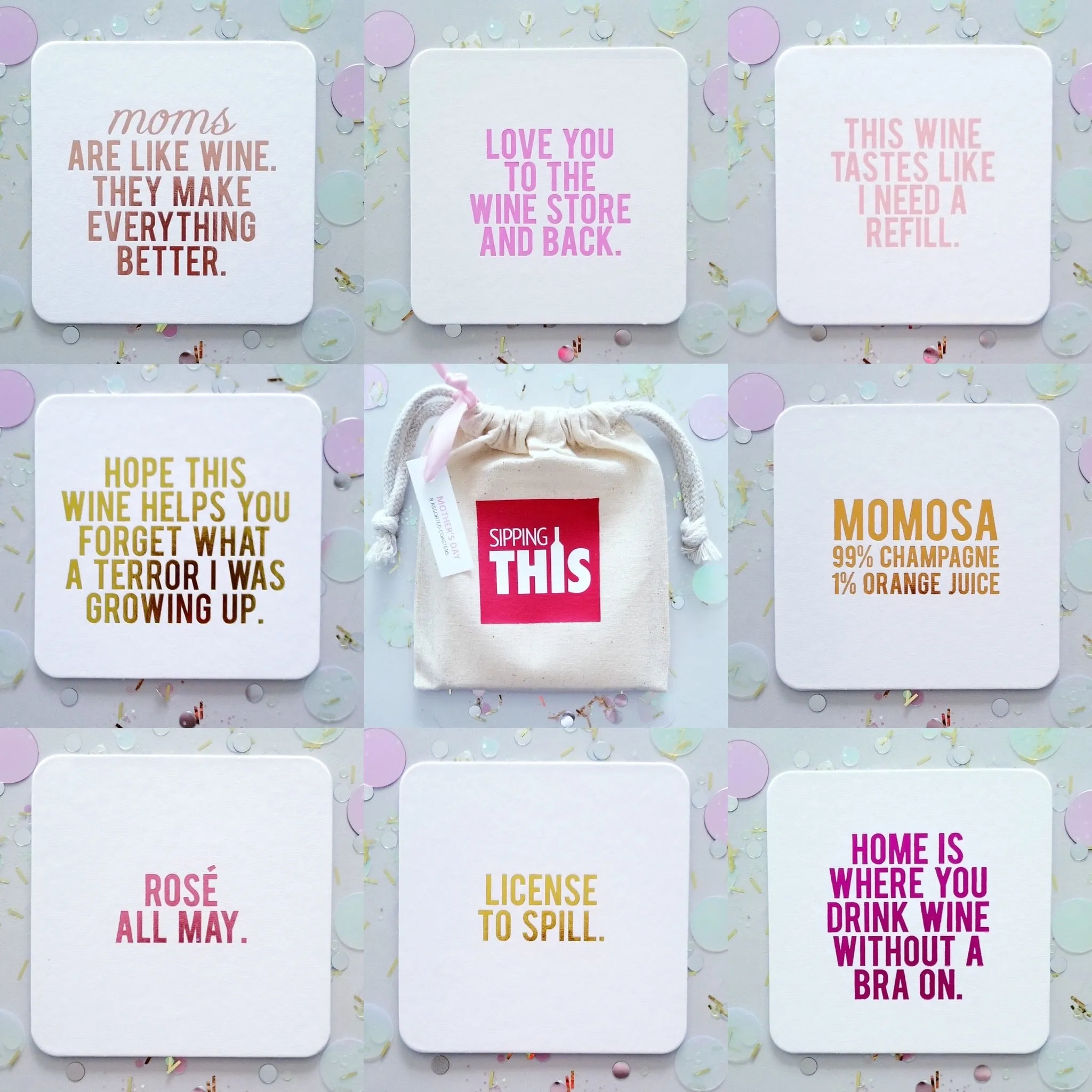 Mom Mix (For Mother's Day) - 8 Assorted Funny Wine Coasters   Gift Bag