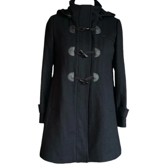MOMO Maternity Black Wool Hooded Lined Duffle Coat Size Small Classic Preppy