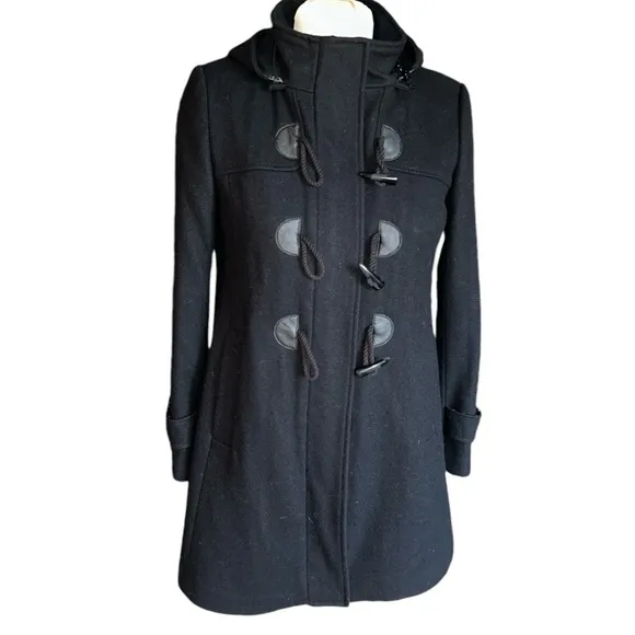MOMO Maternity Black Wool Hooded Lined Duffle Coat Size Small Classic Preppy