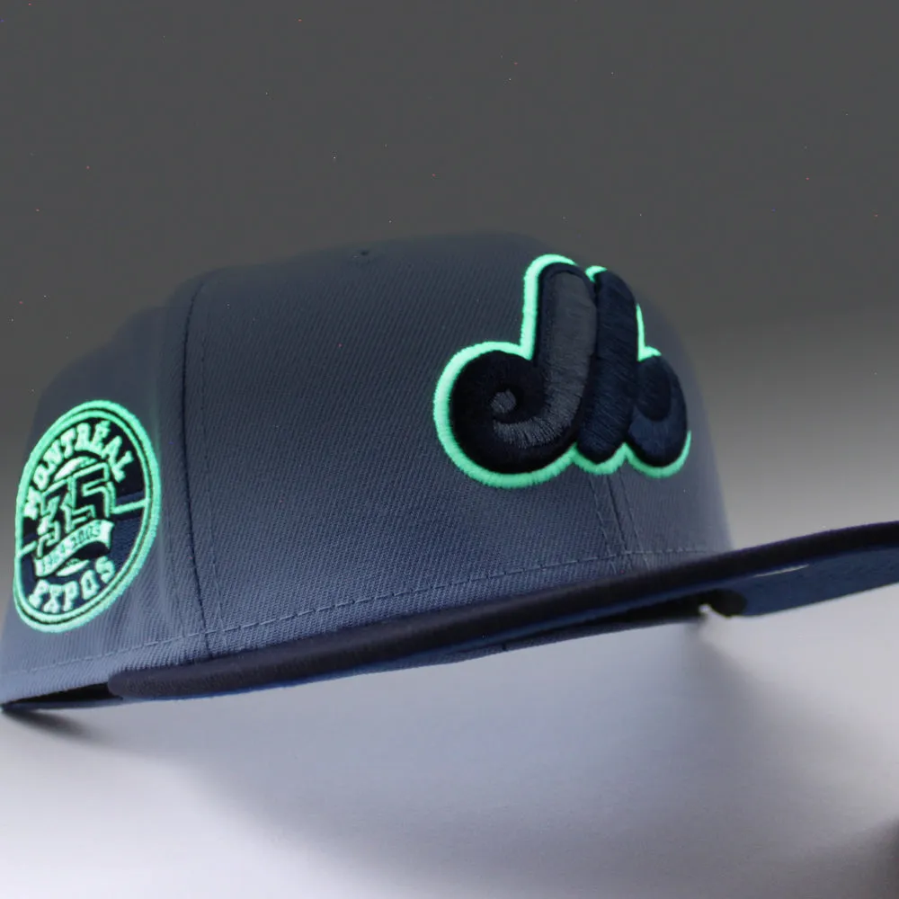 Montreal Expos 35th Anniversary New Era Fitted 59Fifty Hat (GITD BIRDSEYE BLUE NAVY SEASHORE BLUE Under Brim)
