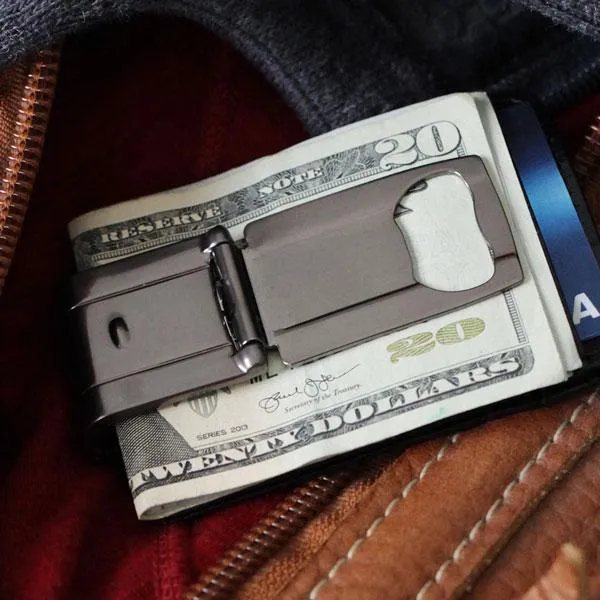 Munich Polished Gunmetal Black MoneyClamp® with Black Crocodile Wallet