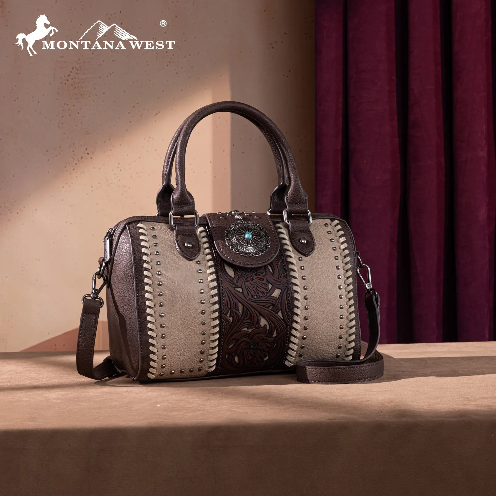 MW1322-8800 Montana West Tooled Concho Barrel Satchel Bag/Crossbody