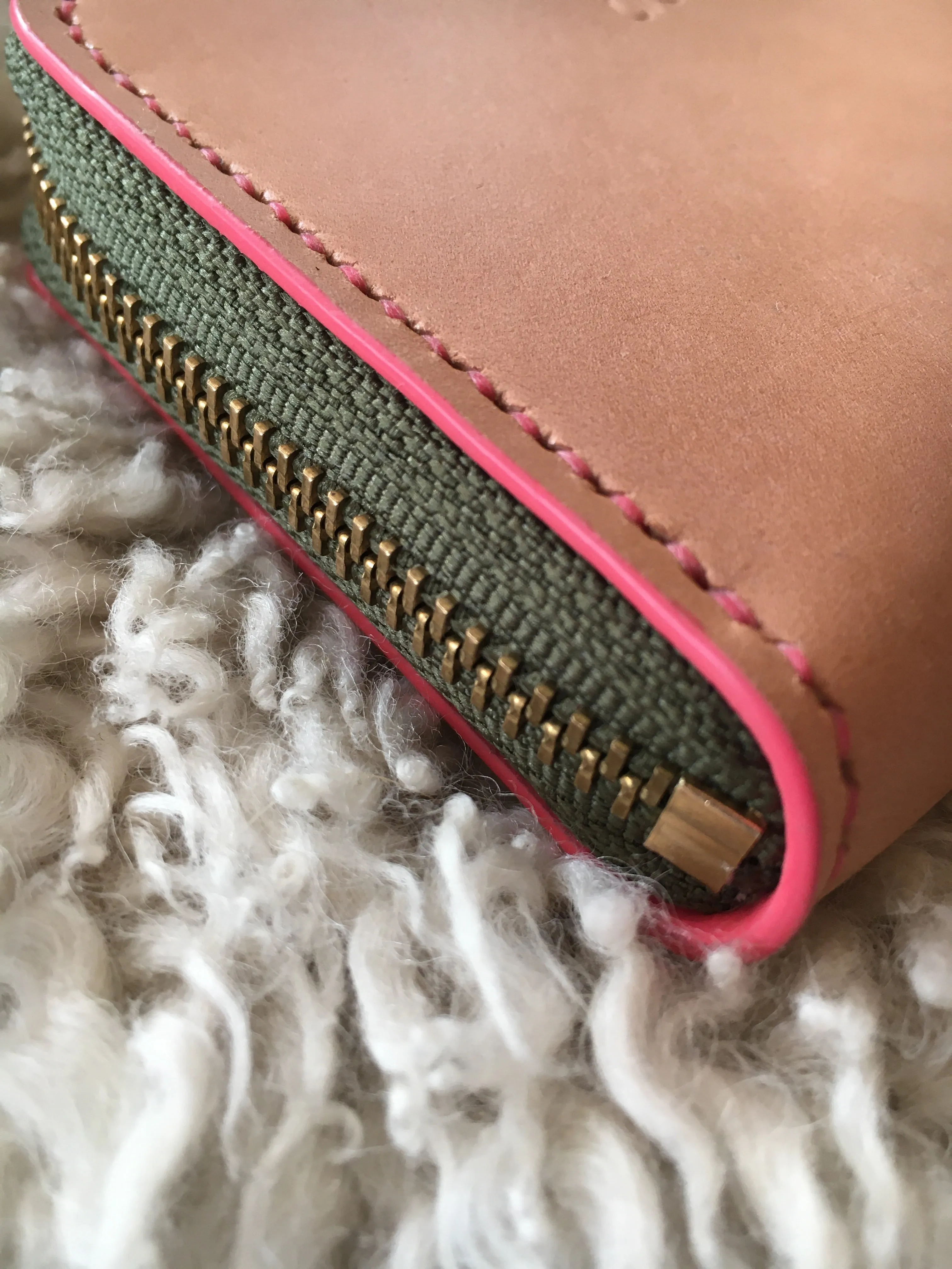 Natural Leather Zip Wallet with Pink and Green