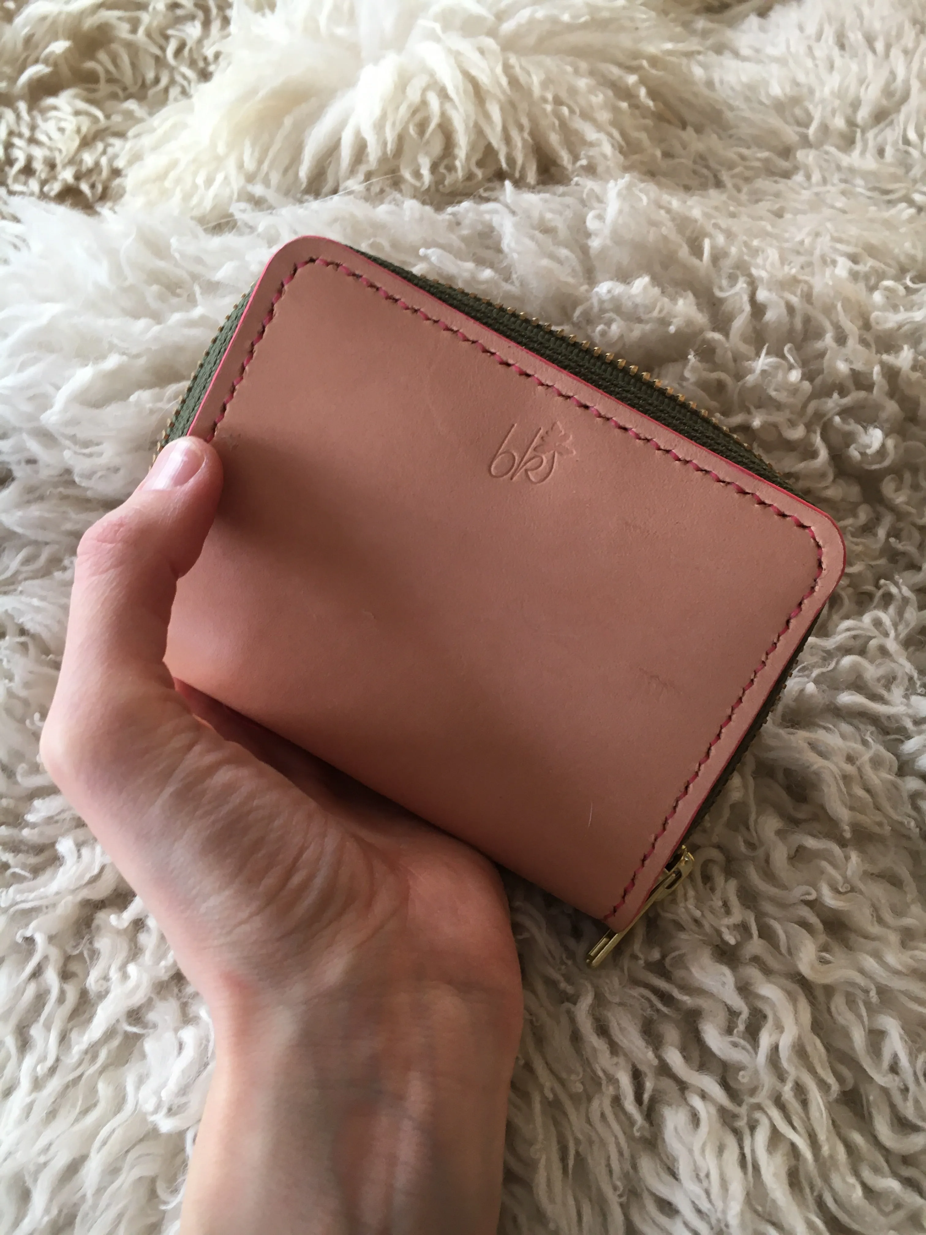 Natural Leather Zip Wallet with Pink and Green