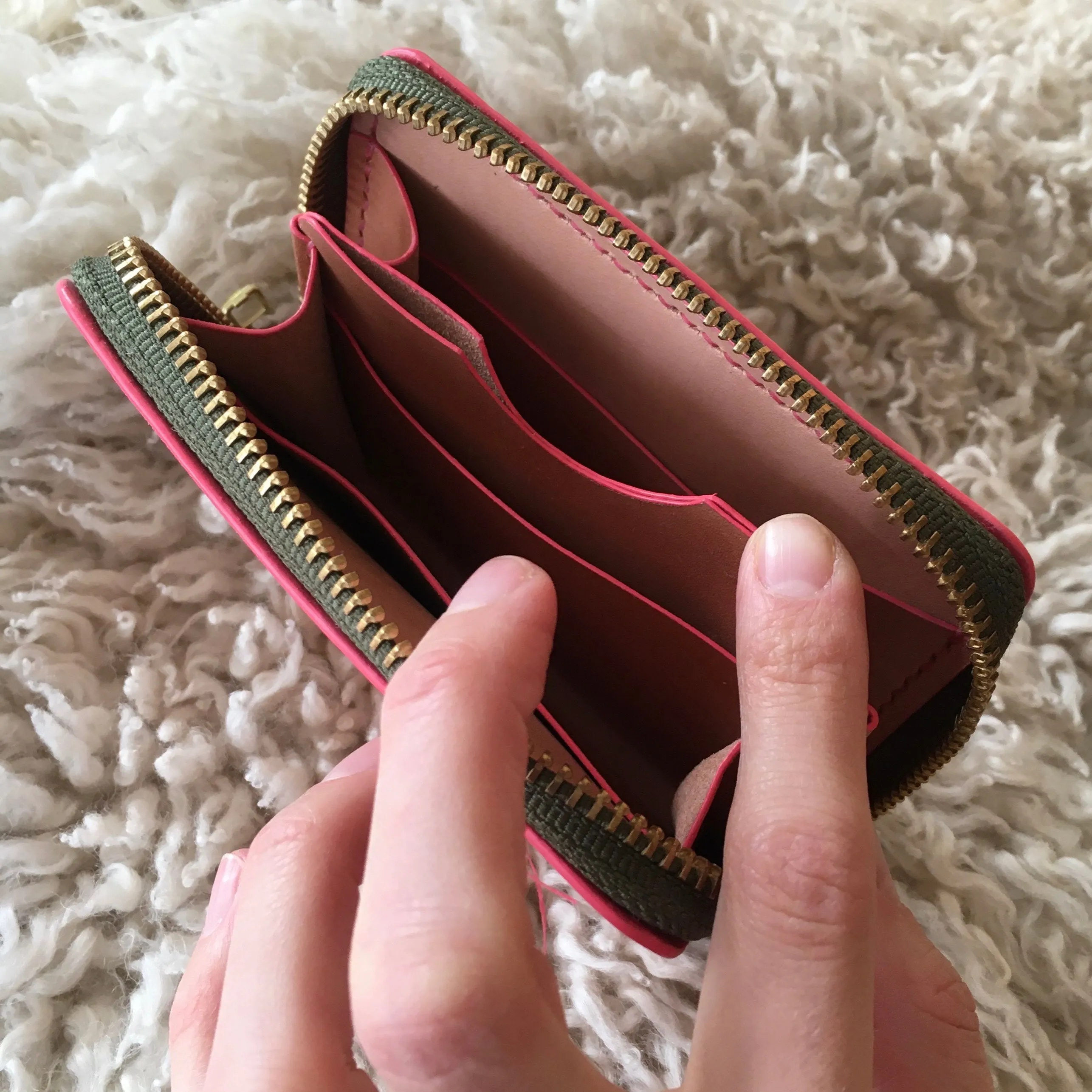 Natural Leather Zip Wallet with Pink and Green