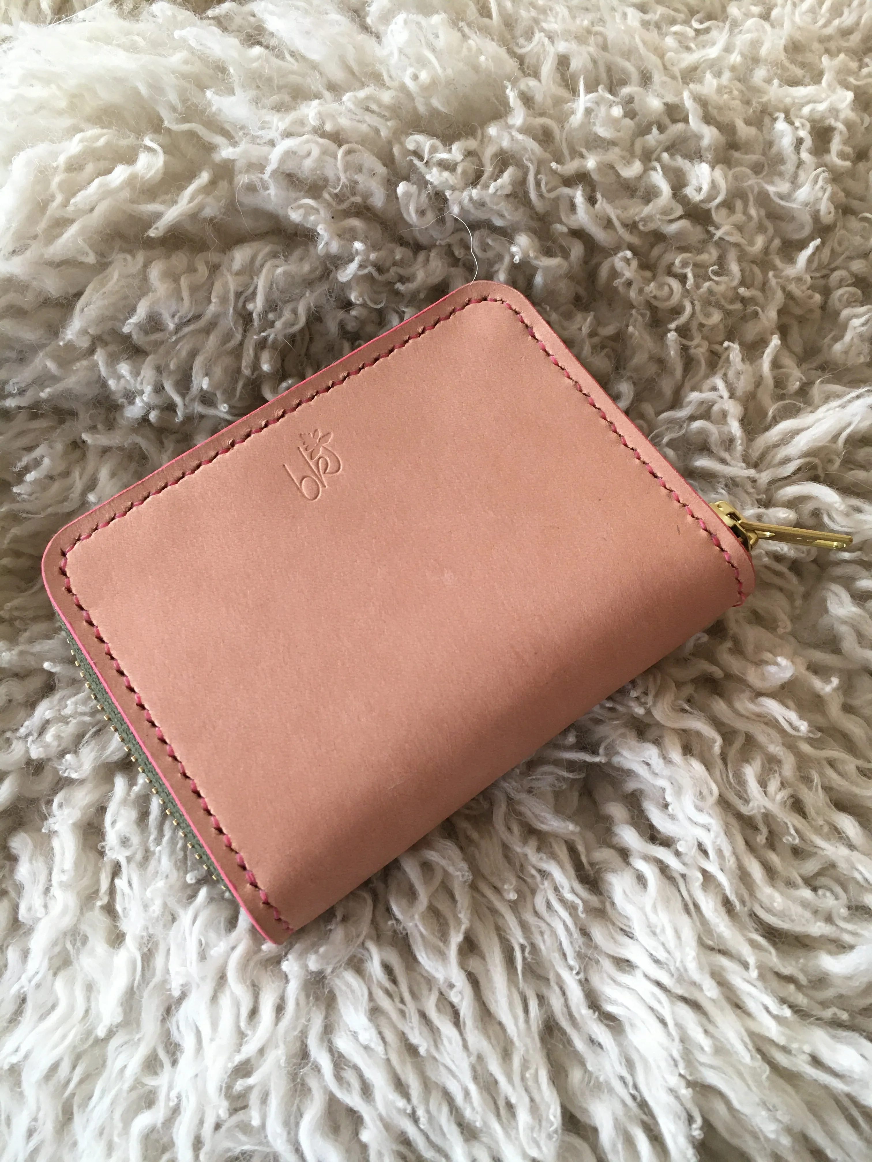 Natural Leather Zip Wallet with Pink and Green