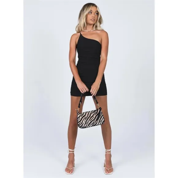New Princess Polly Jocasta black one shoulder ruched mini dress