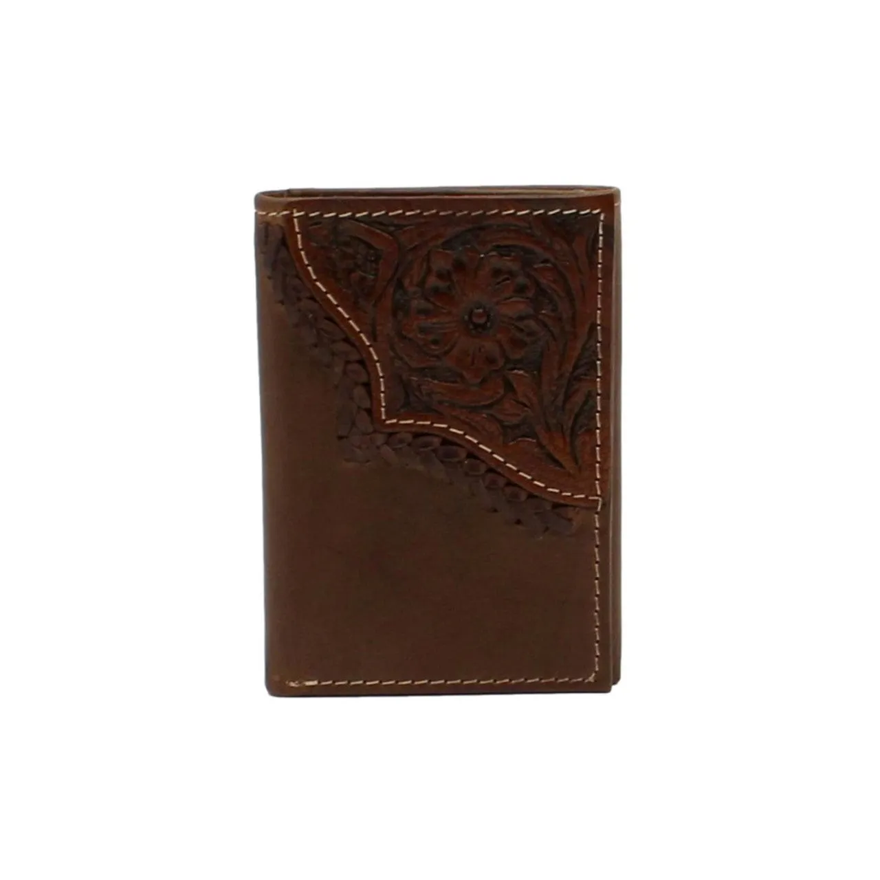 Nocona Mens Trifold Wallet Floral Tooled Edge Brown