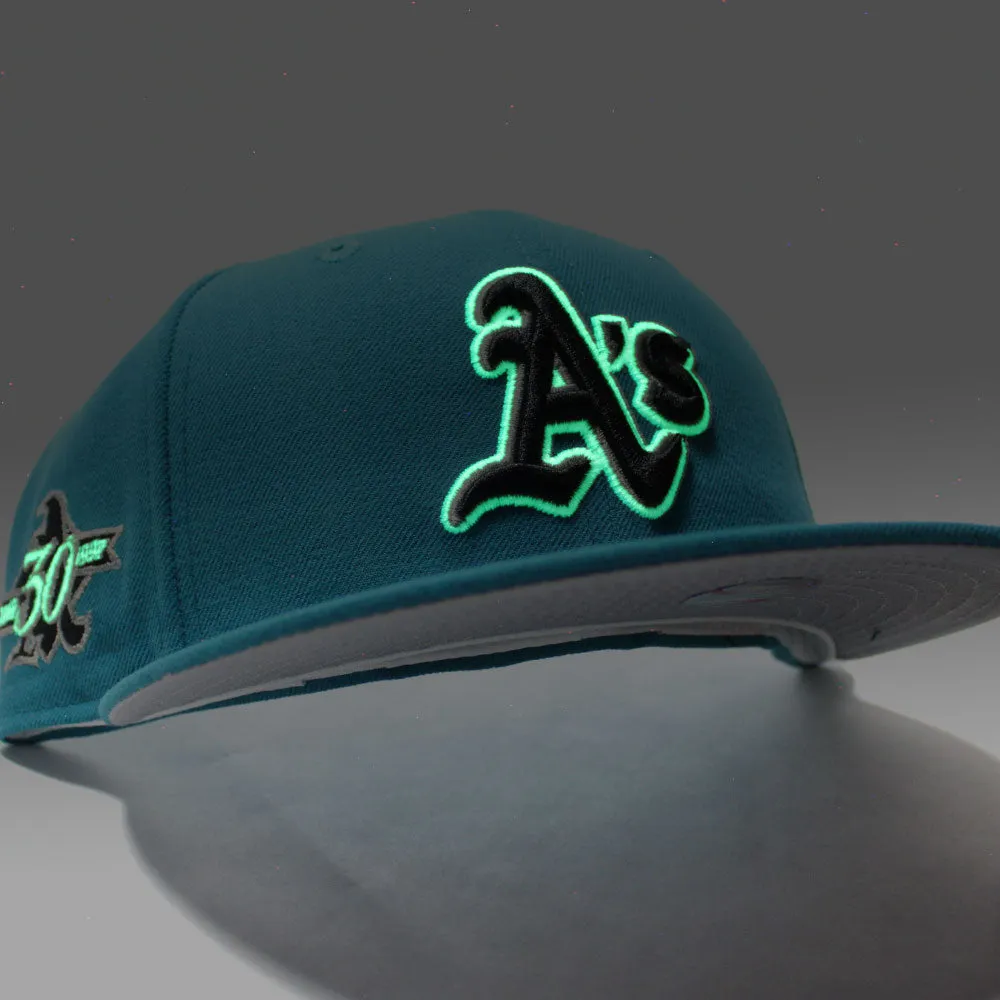 Oakland Athletics 30th Anniversary New Era 59Fifty Fitted Hat (Glow in the Dark Turquoise Gray Under Brim)