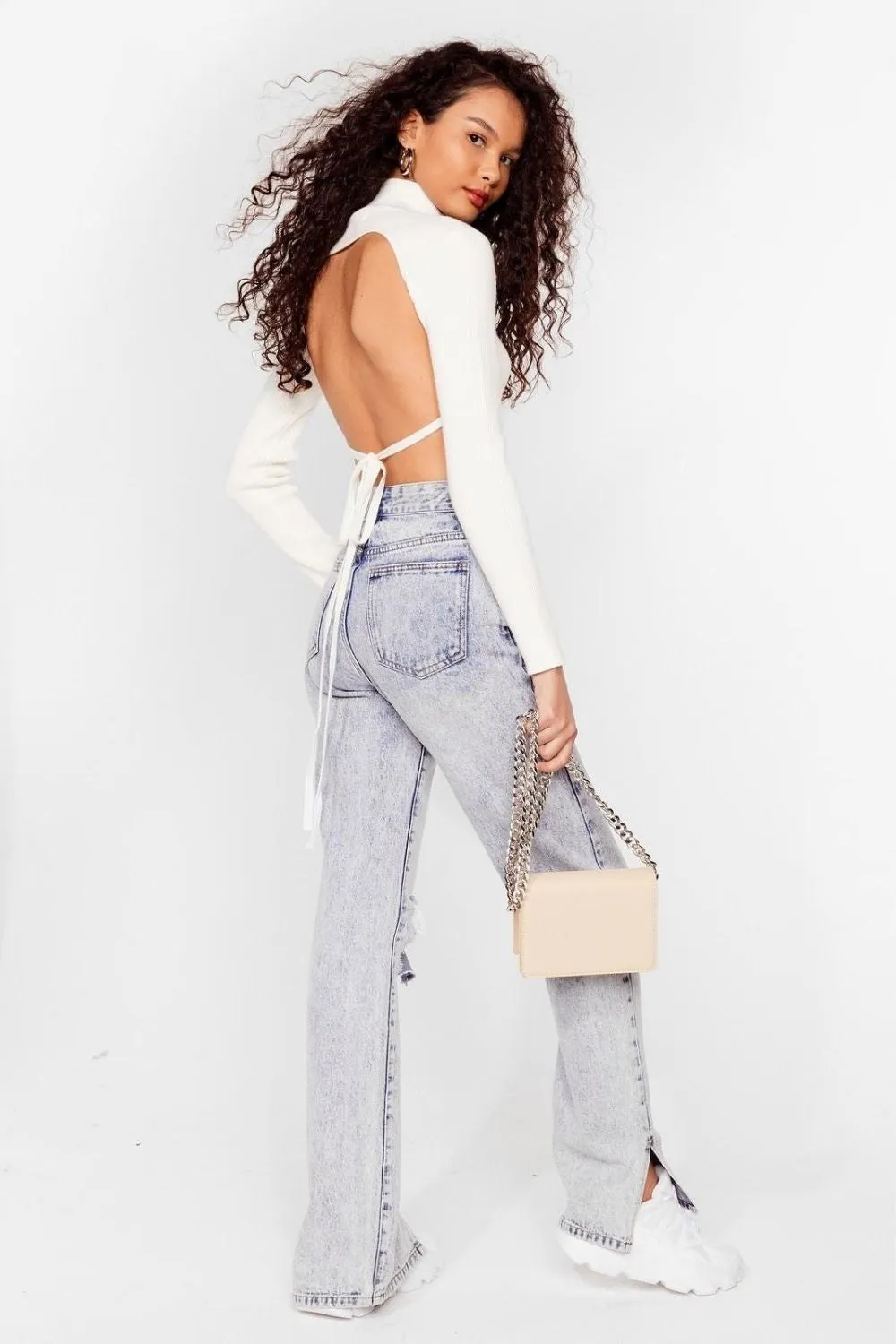 Open Tie Back Knitted  Turtleneck Top
