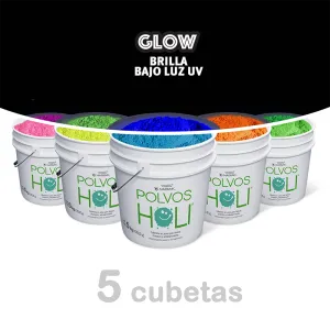 Paquete 5 cubetas de 5 kg Polvos Holi Glow en 5 colores