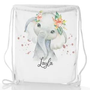 Personalised Glitter Drawstring Backpack with Elephant Rain Drop Glitter Print and Cute Text