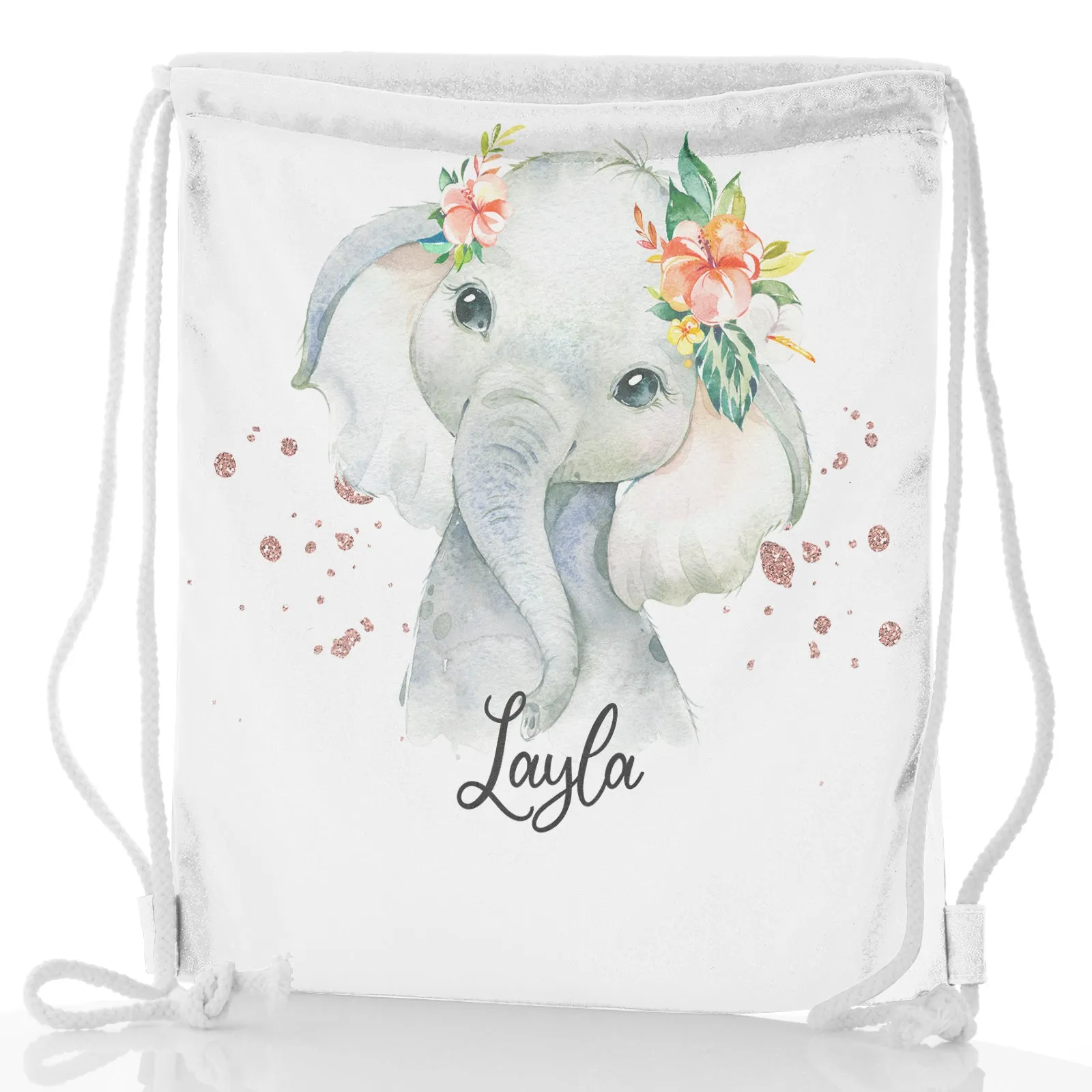 Personalised Glitter Drawstring Backpack with Elephant Rain Drop Glitter Print and Cute Text