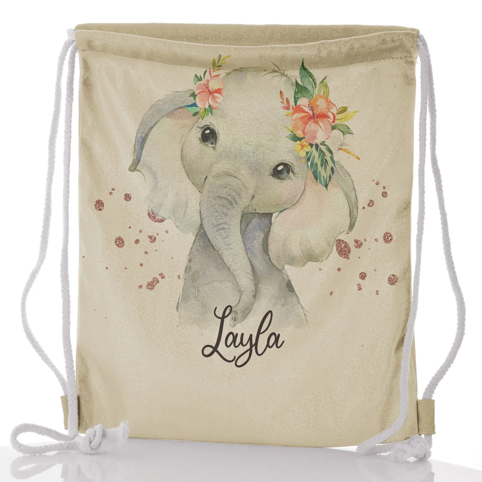 Personalised Glitter Drawstring Backpack with Elephant Rain Drop Glitter Print and Cute Text