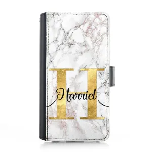 Personalised Google Leather Case - White Speckle Marble and Gold Initial/Name