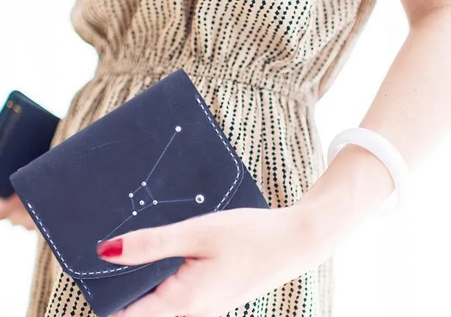PERSONALIZED MONOGRAMMED GIFT CUSTOM Women Constellation Wallet HANDMADE LEATHER CUTE Trifold Blue Small Wallet