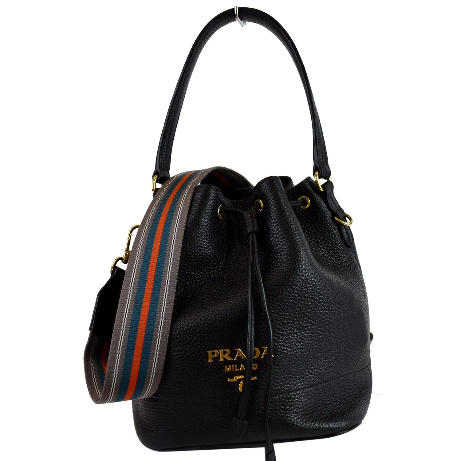 PRADA Logo Drawstring Leather Bucket Shoulder Bag Black