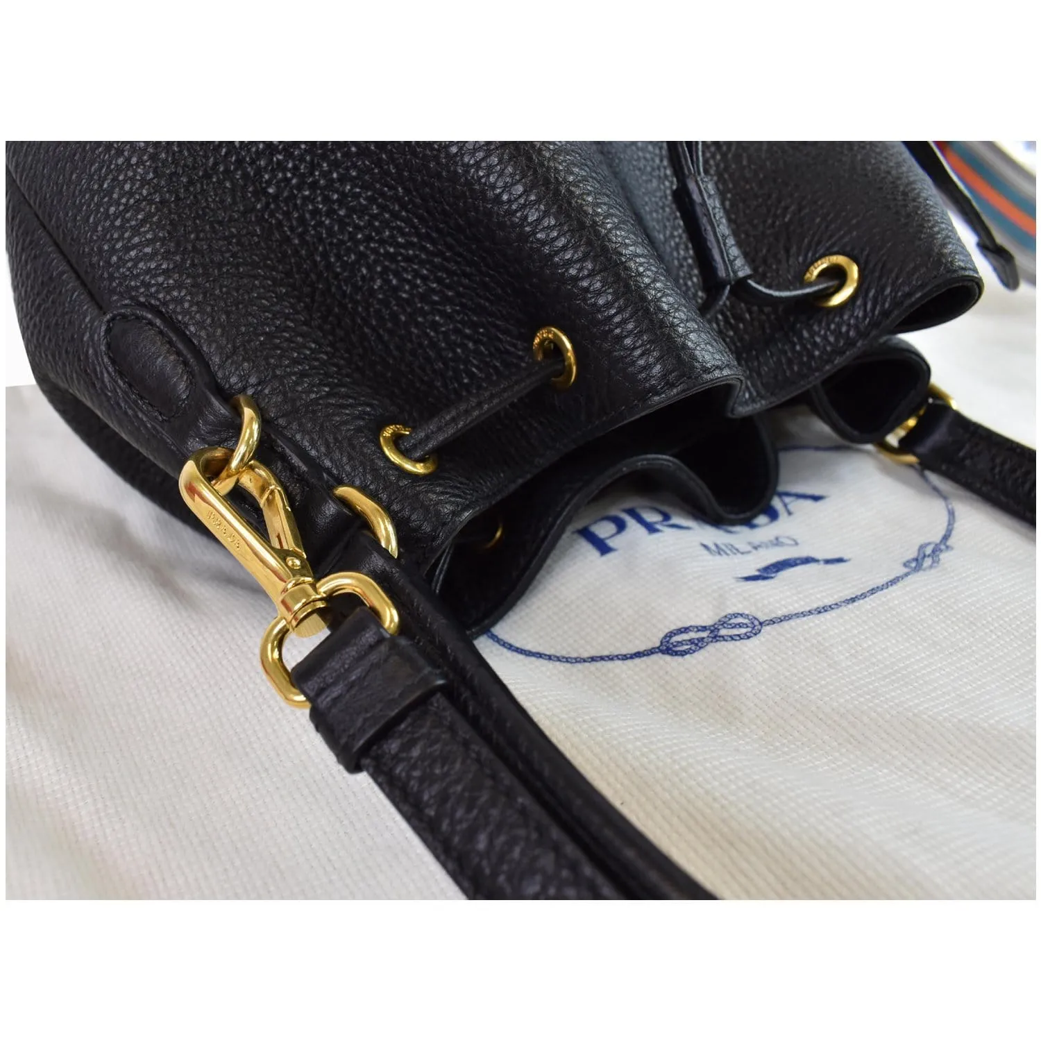 PRADA Logo Drawstring Leather Bucket Shoulder Bag Black