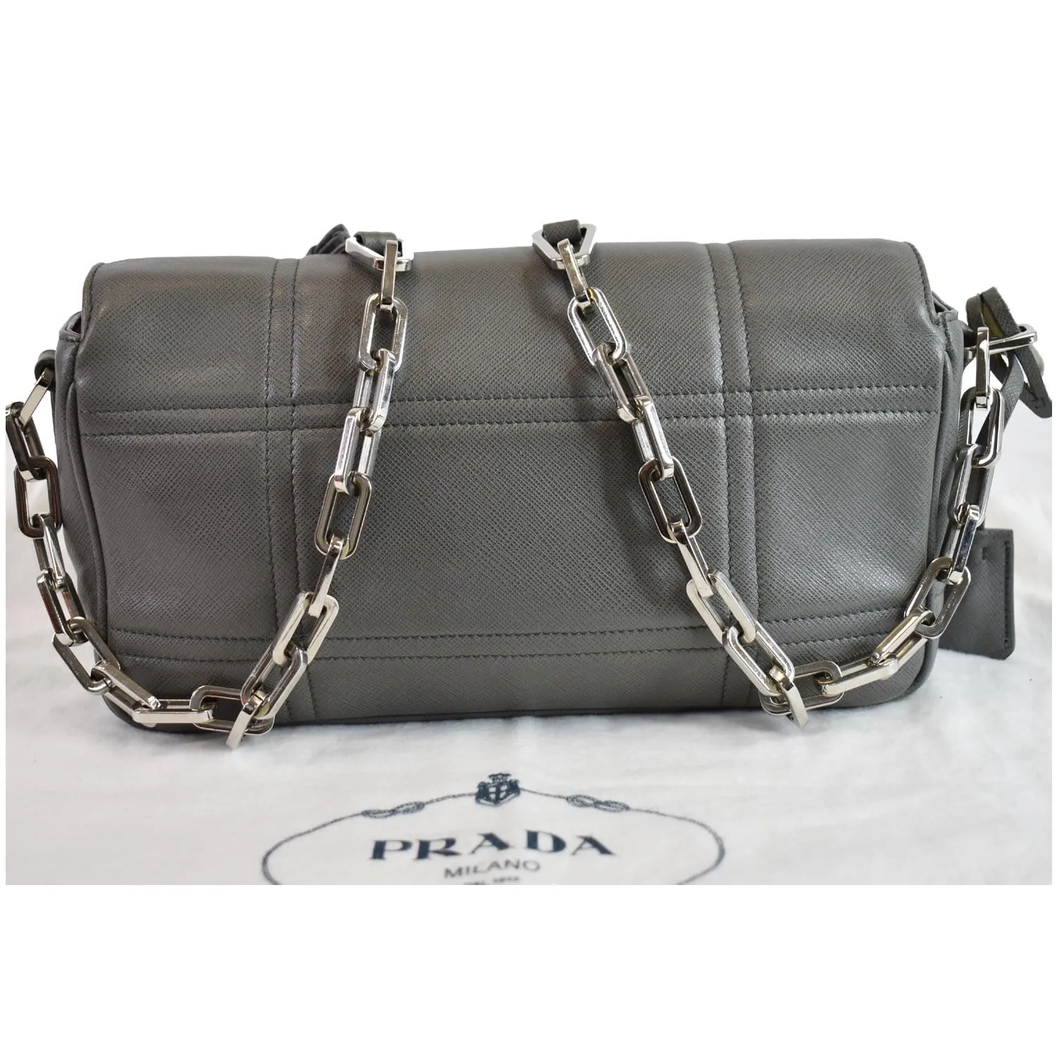 PRADA Saffiano Lux Leather Sound Shoulder Bag Light Grey