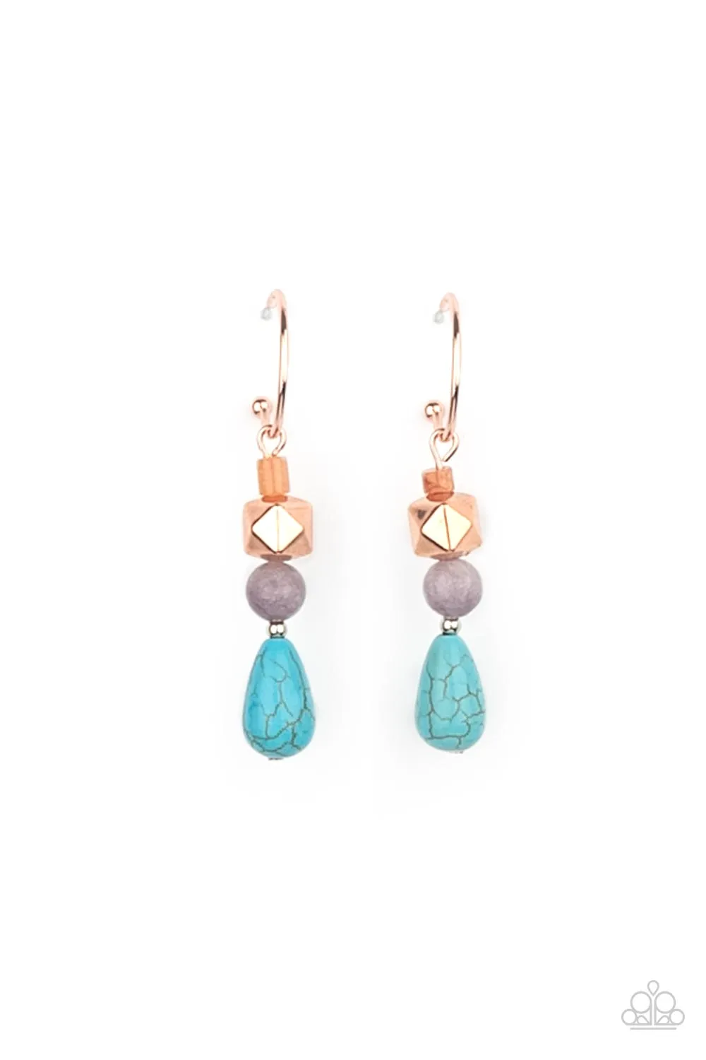 "Boulevard Stroll " Copper Metal Blue Crackle Turquoise Hoop Earrings