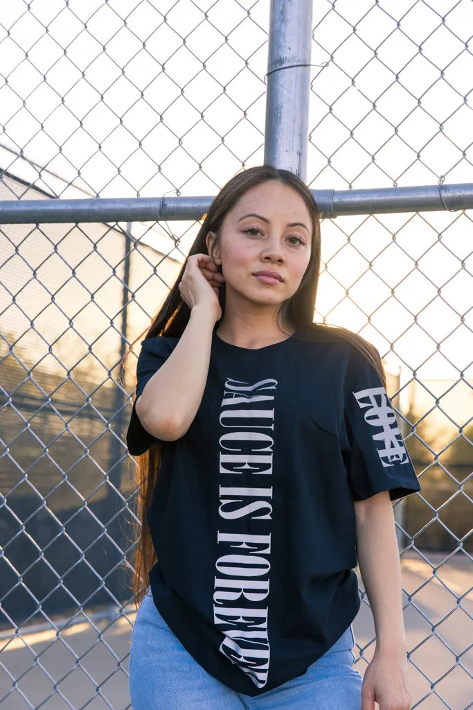 Reflective Sauce Is Forever (Vertical Big) | Black Tee (LOVE Sleeve)